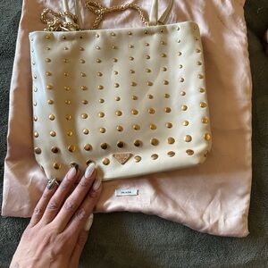AUTHENTIC Prada Beige Leather Studded Tote with Gold Hardware